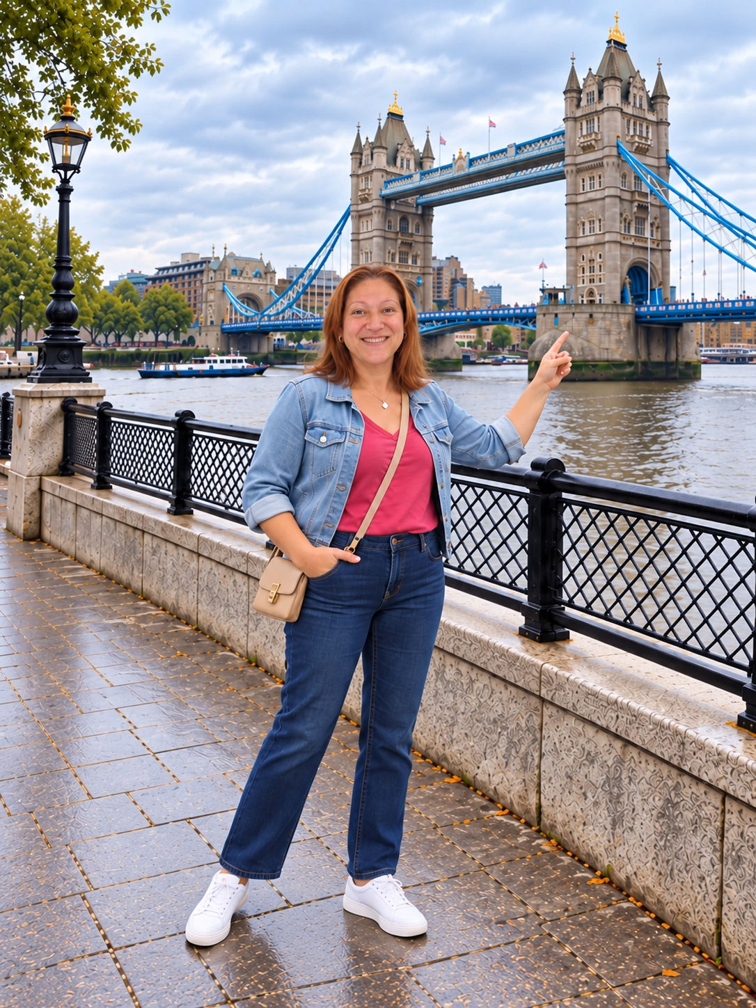 Divina davanti al Tower Bridge, immagine rielaborata con IA