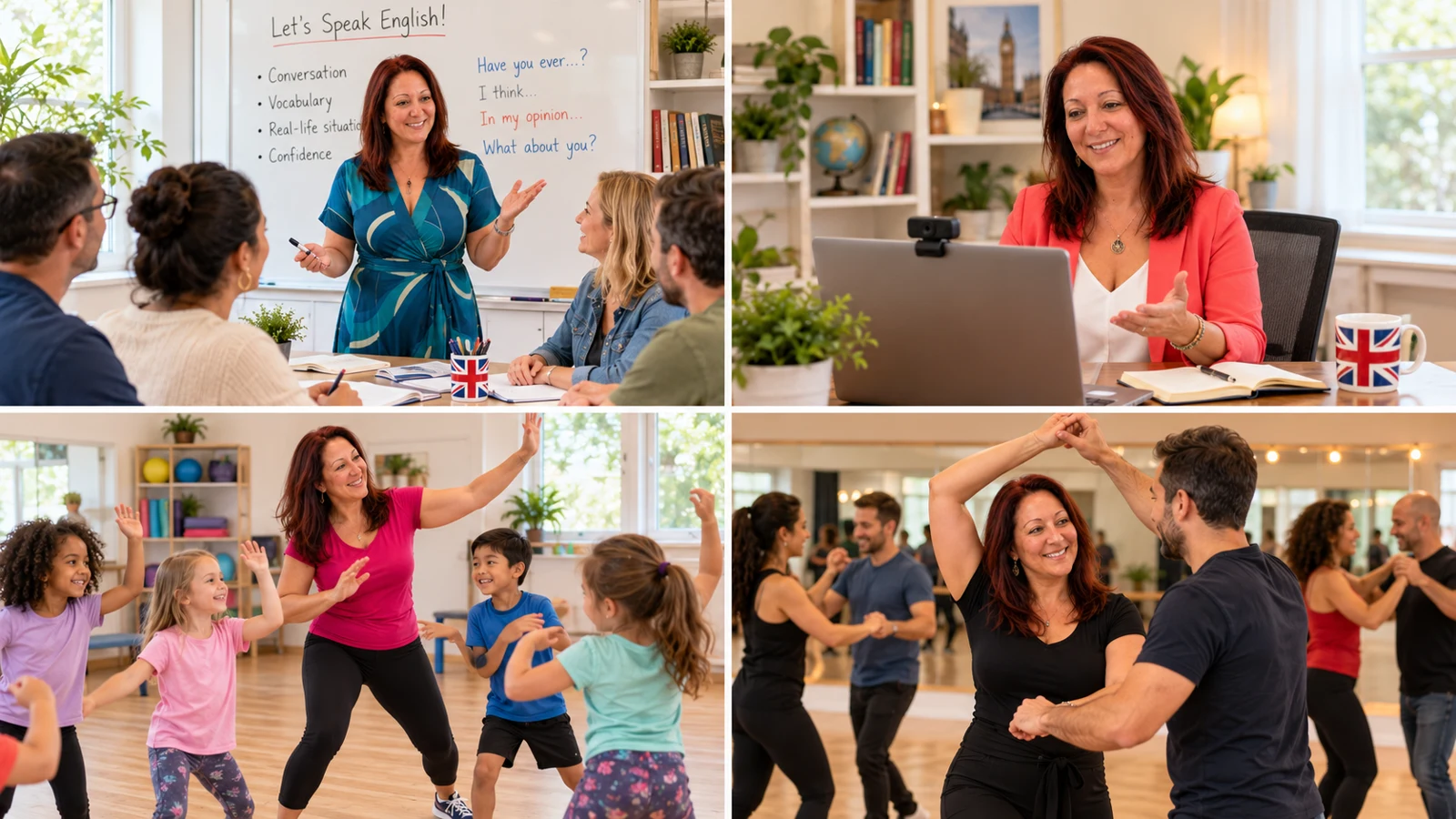 Collage con Divina che insegna inglese in aula, tiene lezioni online, guida bambini nel movimento e insegna salsa cubana in coppia agli adulti