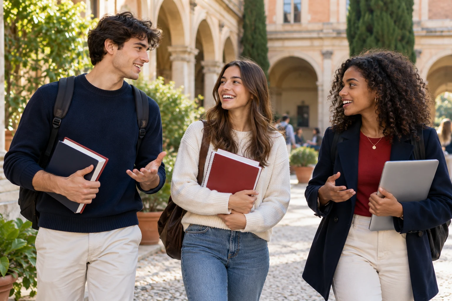 Immagine illustrativa: Studenti universitari con libri e laptop nel campus
