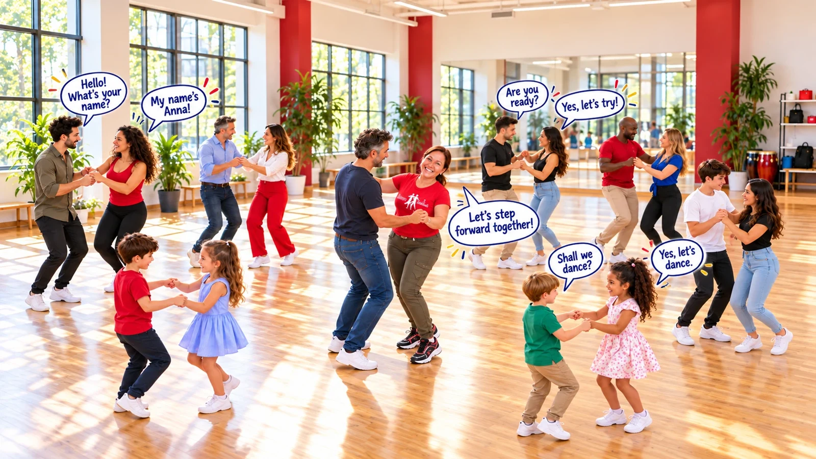 Foto panoramica originale approvata con adulti e bambini in coppia e fumetti inglesi